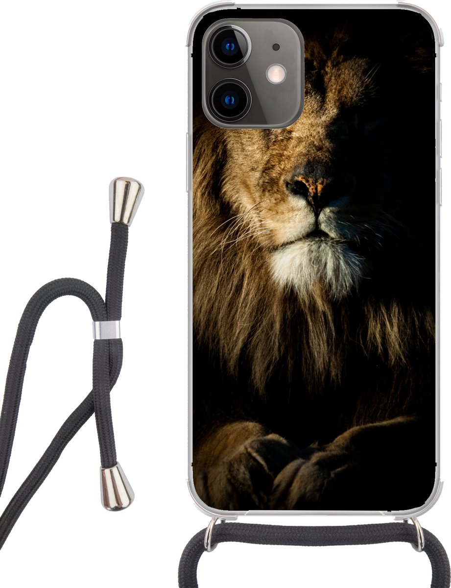 Telefoonhoesje Geschikt voor iPhone 12 Mini - Leeuw - Licht - Zwart - Siliconen - Crossbody - Backcover met Koord - Telefoonhoesje met koord - Hoesje met touw Telefoonhoesje