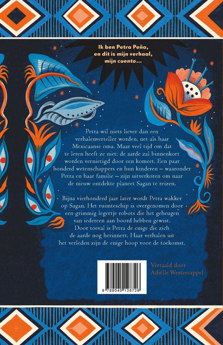 Boekomslag met een Mexicaanse, folkloristische illustratie. Centraal een meisje met lange zwarte haren, staand op een oogvormig symbool.