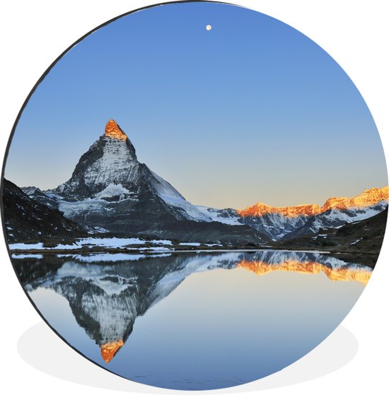 WallCircle - Wandcirkel - Muurcirkel - Matterhorn weerspiegeld bij de Riffelsee bij zonsopgang in Zwitserland - Aluminium - Dibond - ⌀ 30 cm - Binnen en Buiten