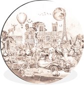 WallCircle - Wandcirkel - Muurcirkel - Kinderen - Parijs - Panda - Dieren - Luchtballon - Aluminium - Dibond - ⌀ 30 cm - Binnen en Buiten