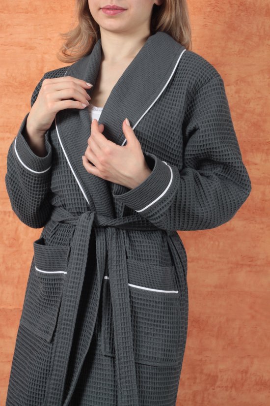 Betully ® - Peignoir gaufré unisexe - Badjas 100% coton turc - Anthracite - Peignoir gaufré pour femme et homme - Taille L/XL - Peignoir - Col châle - Badjas femme - Badjas homme - Taille L / XL - Anthracite