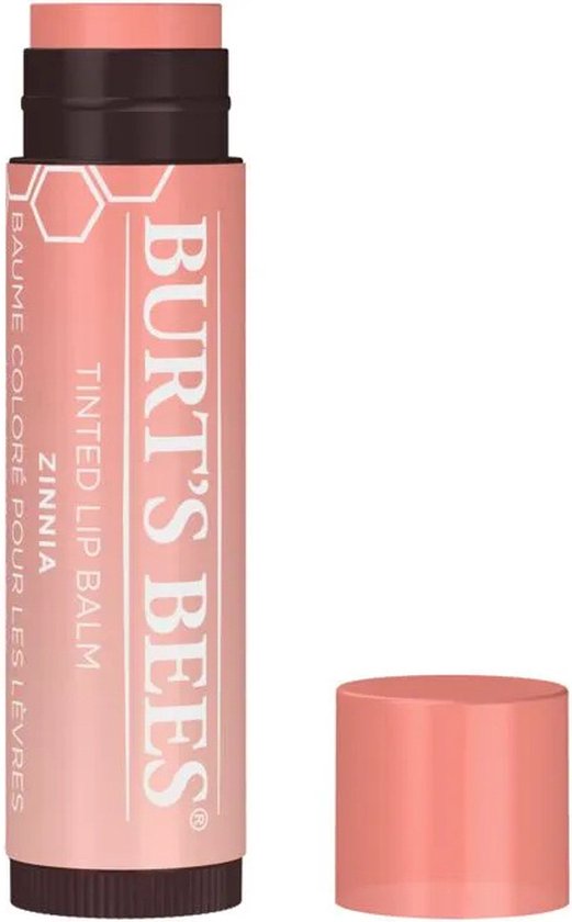 Burt's Bees getinte lippenbalsem in de kleur Zinnia, met de dop eraf.