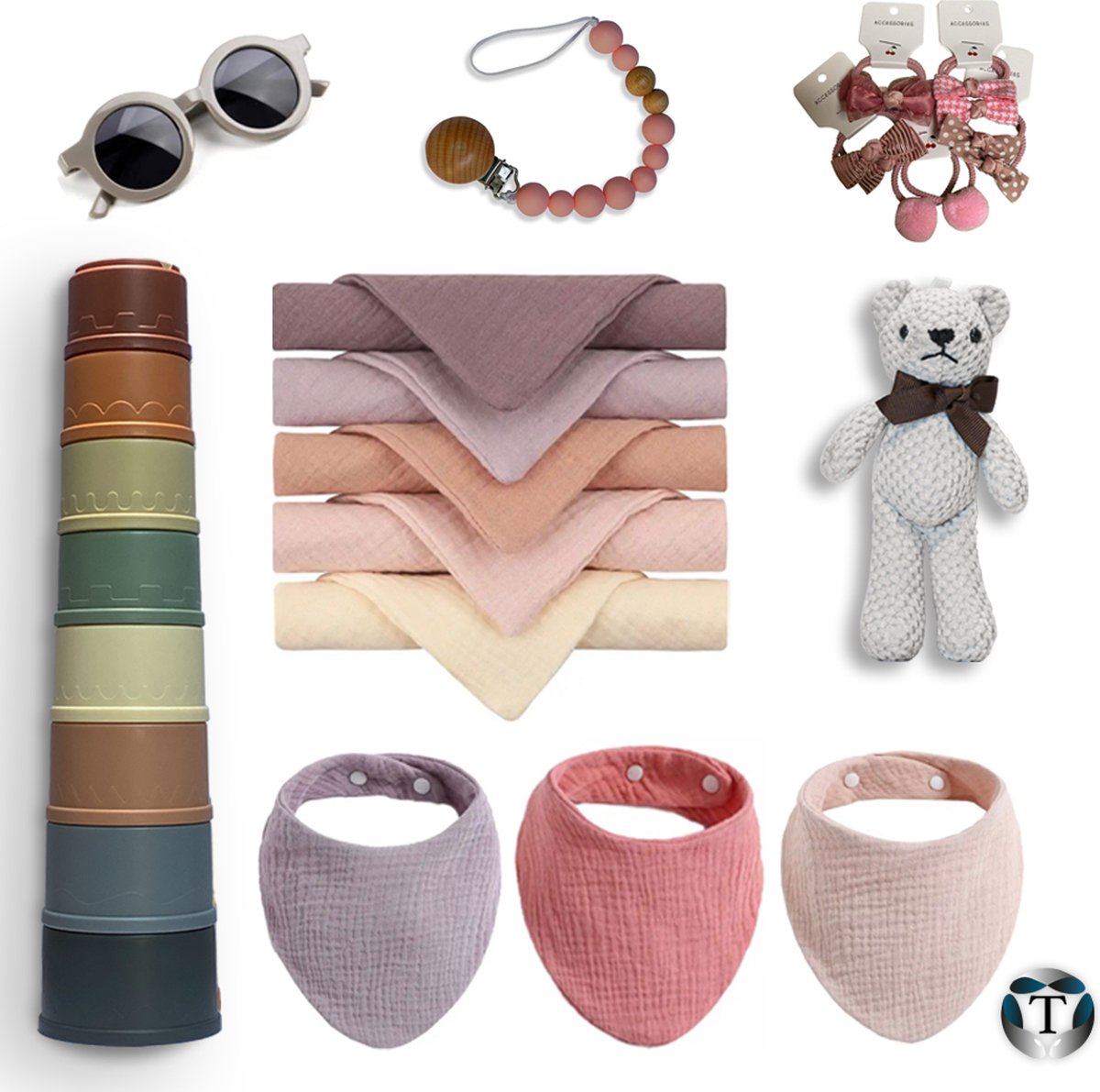Goedkoopste Deluxe Kraamcadeau | Babyshower Cadeau | Kraamcadeau Pakket | Meisje | Giftbox | Babyshower | Cadeau Idee | Geboorte | Fopspeenkoord | Haarstrikjes | Spuugdoekjes | Stapeltoren | Slabbetje | Beertje | Zonnebril | Set 4 | TheOldOmen |