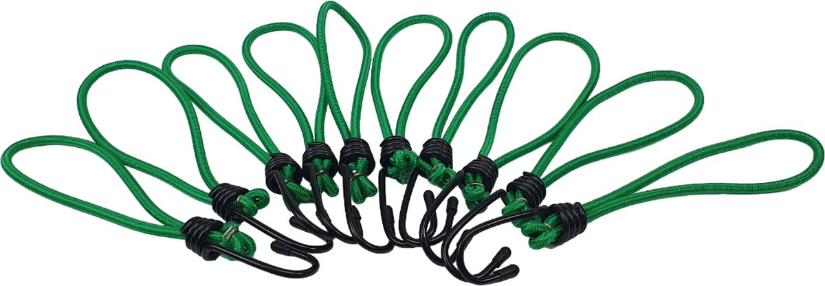 BCF-Products Spanelastiek met haak - Bagagespin - 10 Stuks - Groen - 230mm - Spanrubbers - Zeilspanner - Tentspanner