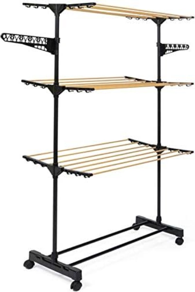 Goedkoopste Wasdroger van roestvrij staal, Maxima, zwart en houtlook, opvouwbaar, hoogte 145 cm