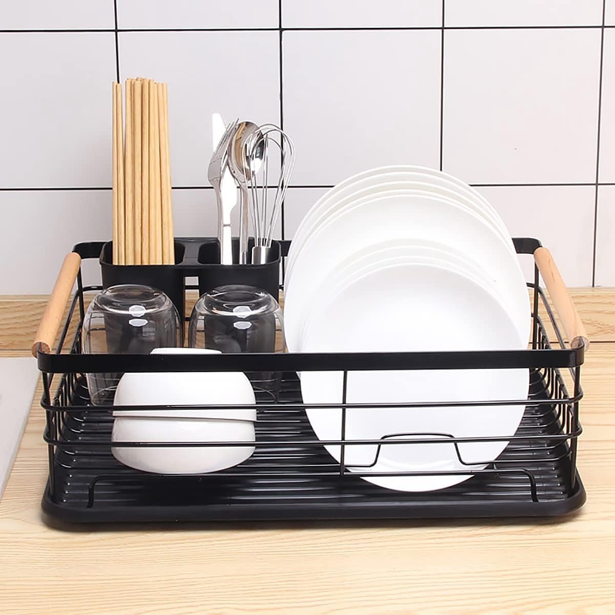 Afdruipbak afdruipbak, uitneembaar wasrek, bestekstandaard met lekbak, 43 × 32 × 16 cm (zwart)