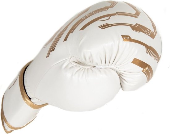 Witte bokshandschoen met gouden print.