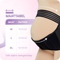 Close-up van een zwangerschapsband om de buik, met een maattabel voor de maten M, L, XL.
