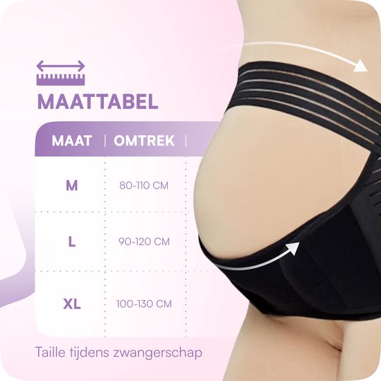 Close-up van een zwangerschapsband om de buik, met een maattabel voor de maten M, L, XL.