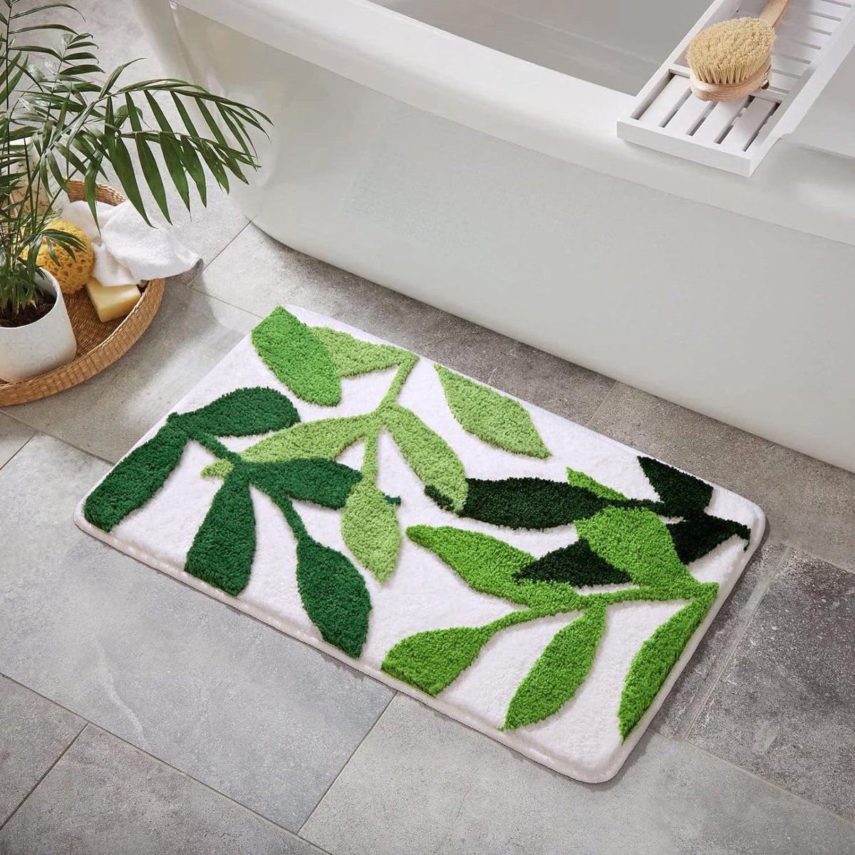 Green Leaf badkamertapijt antislip wasbaar 50 x 80 cm, badmat absorberende badmat sneldrogend, badmat zachte microvezel voor badkamer, badkuip, entree, deurmat