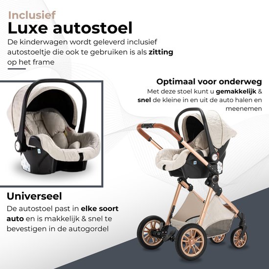 Beige kinderwagen met goudkleurig frame en bruine accenten. De autostoel is apart afgebeeld en gemonteerd op het frame.