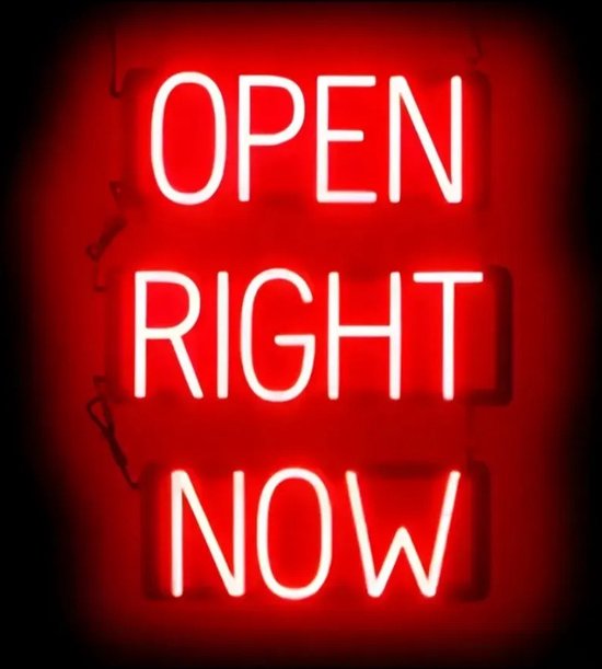 OUVERT MAINTENANT - Publicité au néon Enseigne au néon LED éclairée | SortBrite | 46 x 60 cm | 6 modes de gradation - 8 animations lumineuses | Éclairage au néon pour panneaux publicitaires