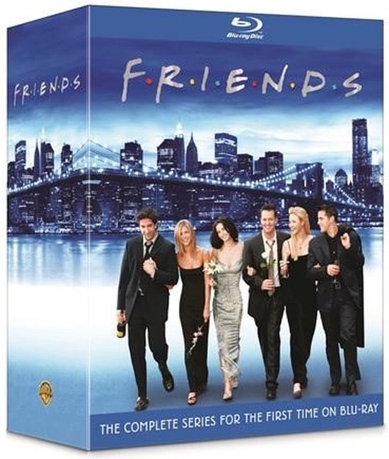 De complete serie Friends op Blu-ray, met de cast die op de Brooklyn Bridge loopt.