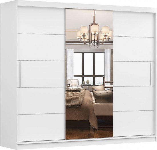 Armoire - Miroir - 3 portes coulissantes - Planches - Tringle à vêtements - Wit - 250 cm