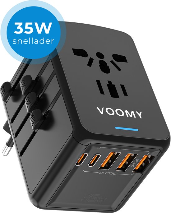 Voomy Universele Wereldstekker 35W - Reisadapter voor 170+ landen - 2 USB-C & 3 USB-A - Reisstekker Wereld: Amerika (USA), Engeland (UK), Australië, Zuid Amerika, Afrika, Italië, Thailand - Snellader - Zwart