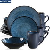 CasaVibe Luxe Serviesset – 16 delig – 4 persoons – Porselein - Bordenset – Dinner platen – Dessertborden - Kommen - Mokken - Set - Blauw - Bubble