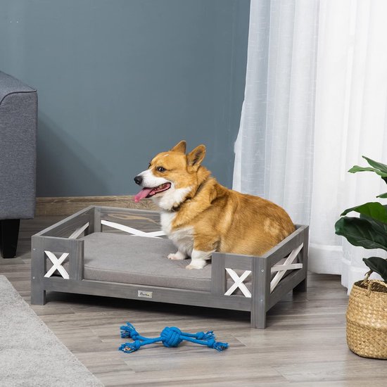 PawHut hondenbank,hondenmat,pluche kattenbank met kussen en achterzak,grenen hout,70 x 47 x 30 cm,beige,lichtgrijs