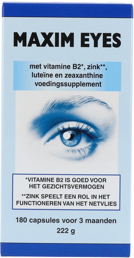 MAXIM EYES voedingssupplement met vitamine B2, zink, luteïne en zeaxanthine. 180 capsules.