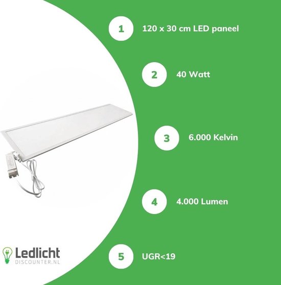Aigostar - LED Paneel 120x30cm - 6000K 865 - 40W - 4000lm - Flikkervrij - UGR<19 - 5 jaar garantie