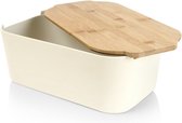 Broodtrommel met houten plank, broodmand, broodbox, broodtrommel, crème, 33 x 18,5 x 12 cm