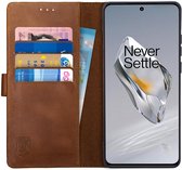 Rosso Deluxe Echt Leer Book Case Hoesje Geschikt voor OnePlus 12 | Ruimte voor drie pasjes | Portemonnee Book Case | Met Pasjeshouder | Bruin