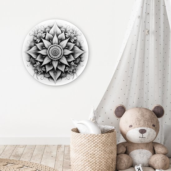 WallCircle - Cercle mural ⌀ 60 - Mandala - Zwart - Wit - Fleurs - Tableaux ronds salon - Plaque murale ronde - Cercle de Décoration murale - Décoration de chambre à l'intérieur - Cercle Décoration murale - Accessoires de maison