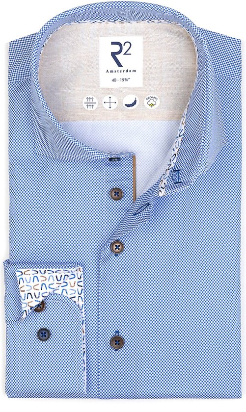 R2 Amsterdam - Overhemd Print Blauw - Heren - Maat 42 - Modern-fit