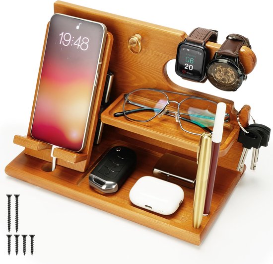 Foto: Belle vous lichtbruin houten telefoon dockingstation nachtkast tafel organizer telefoon beurs horloge sleutel en gadget houder standaard jubileum verjaardagsgeschenk voor mannen accessoires