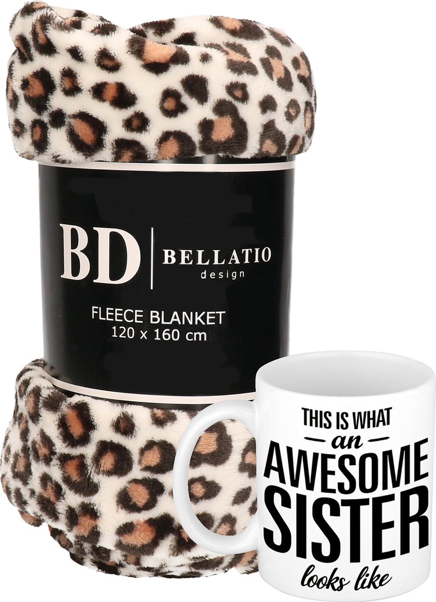 Cadeau zus set - Fleece plaid/deken luipaard print met Awesome Sister mok - Zussen ontspanning cadeau kerst, Sint, verjaardag