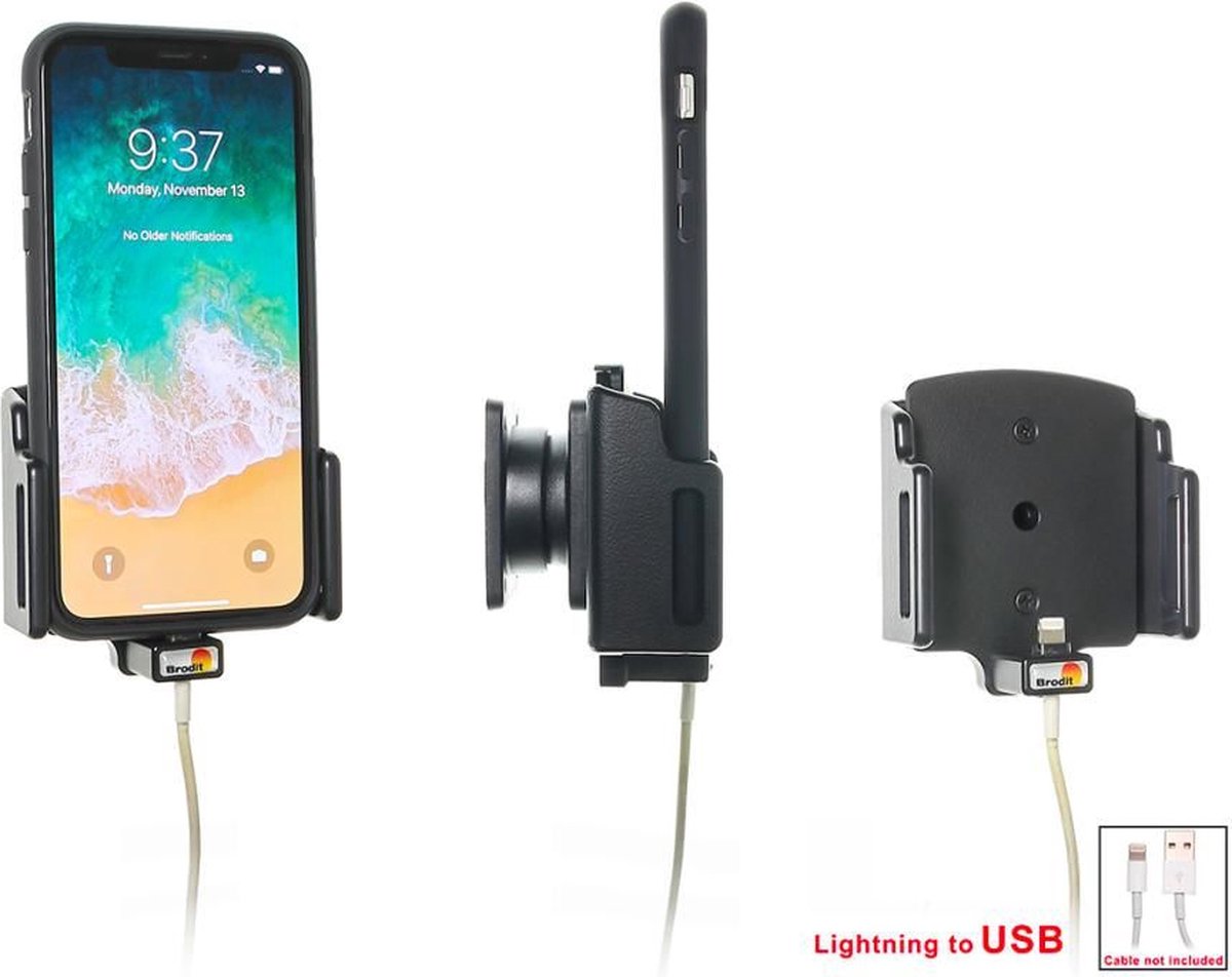 Brodit verstelbare houder met kabelbevestiging Apple iPhone X / XR / XS / 11 (70-83mm/2-10mm)