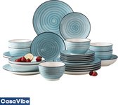 CasaVibe Luxe Bordenset - Kommen set - Borden - Dinerborden - set van 24 - 6 persoons - Serviesset - Blauw - Wit