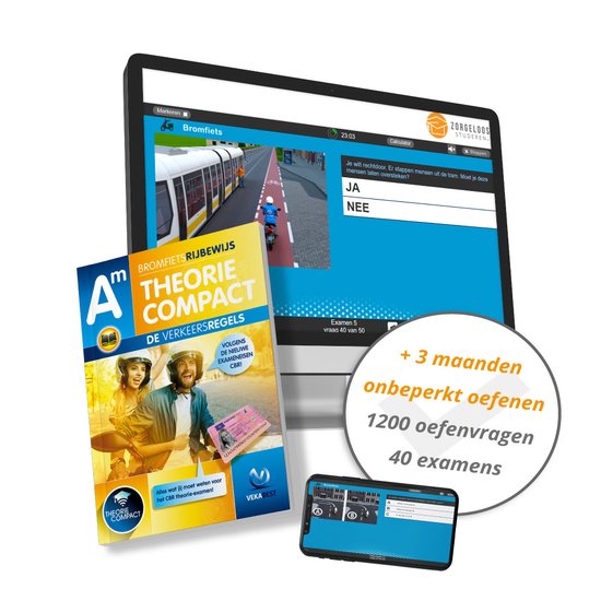 Computer met rijles simulator, theorieboek 'Bromfietsrijbewijs Theorie Compact' en smartphone. Aanbieding: '+ 3 maanden onbeperkt oefenen'.