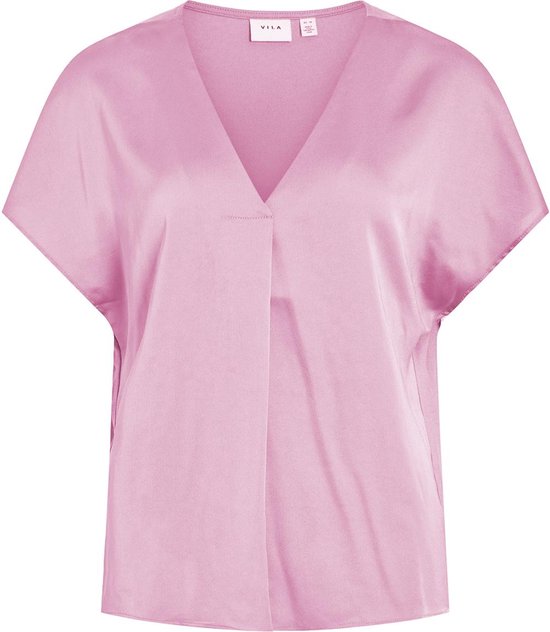 Vila Blouse Viellette V-neck S/s Satin Top - No 14089239 Pastel Lavender Dames Maat - W36