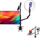 LEVANTU@ Monitor Arm - Selfie Desktop Live Stand with LED-Ringlamp - 5 in 1 Monitorbeugel, Laptop arm, Telefoon/camera houder- Microfoon standaard - Live Streaming Gaming
