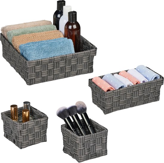 Relaxdays Lot De 4 Paniers Tressés Rangement Salle De Bain - 3 Tailles Gris