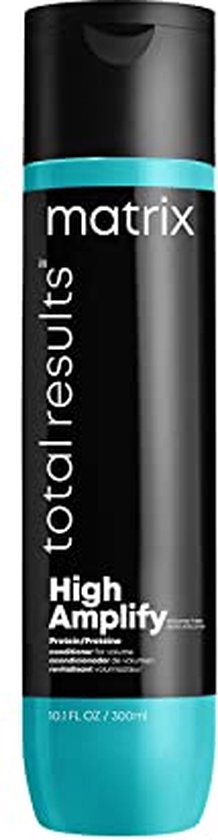 Flacon de revitalisant Matrix Total Results High Amplify, base turquoise, corps noir avec texte jaune.
