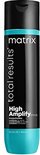 Flacon de revitalisant Matrix Total Results High Amplify, base turquoise, corps noir avec texte jaune.