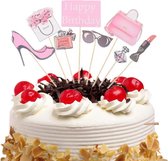 Beauty Taart Topper Set - Happy Birthday - Roze - Parfum - Zonnebril - Lippenstift - Tasje - Pumps - Taart Versiering - Verjaardag Versiering - Taart Decoratie - Kinderfeestje - Toppers - Taarttopper - Cake Topper