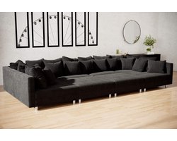 hoebank denver xxl- corduroy zwart- met 2 poefs (hocker) - hoeksalon denver wooneiland- zetelsenbedden