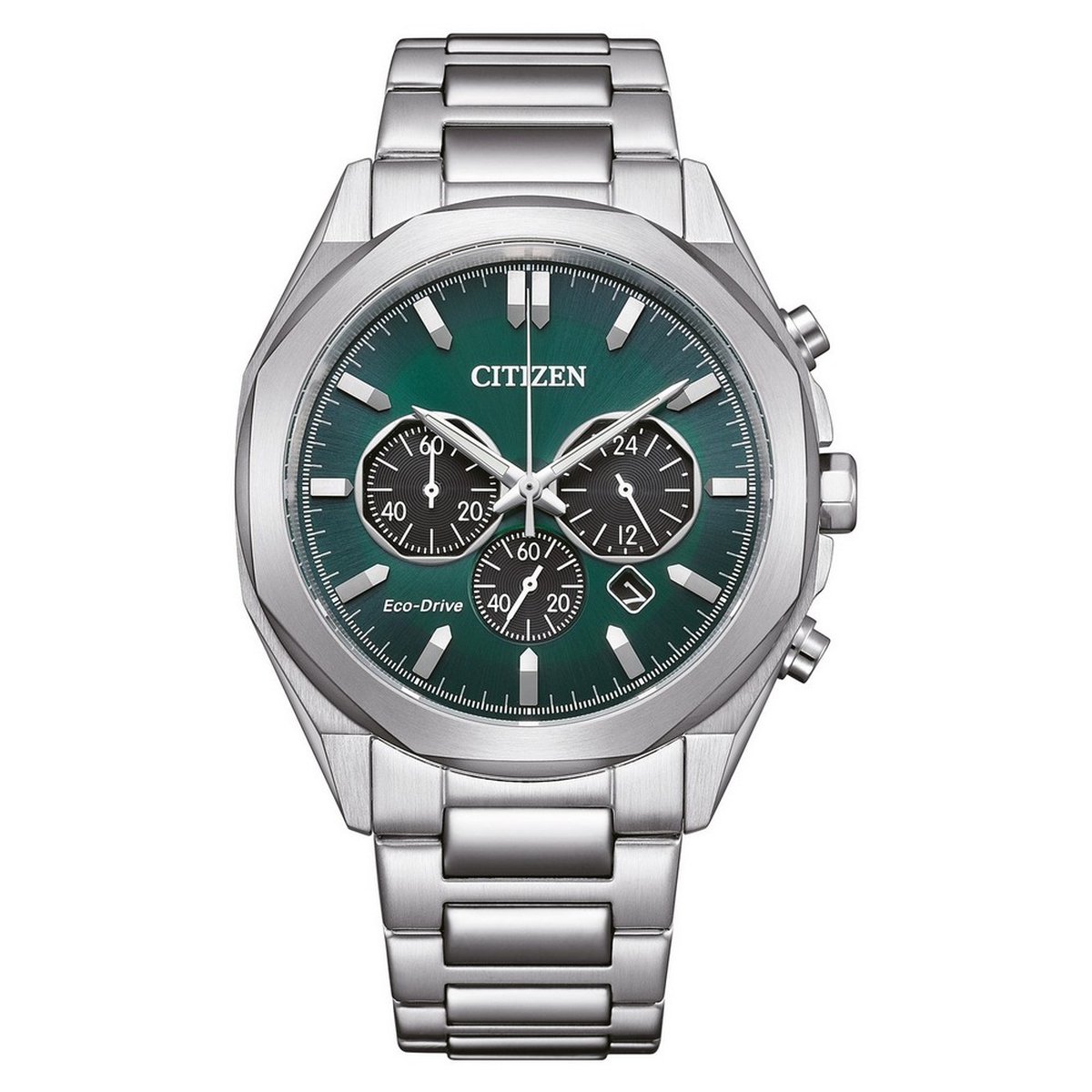 Citizen CA4590-81X Heren horloge staal Eco-drive chronograaf met groene wijzerlaat