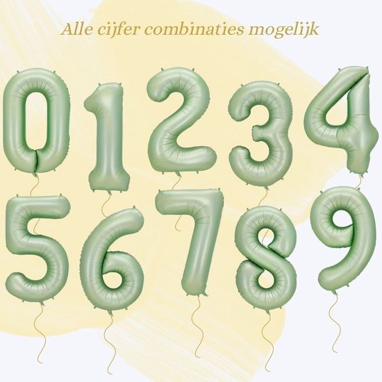 Zes XL ballonnen in de vorm van cijfers 0 tot en met 9, zacht mintgroene kleur.