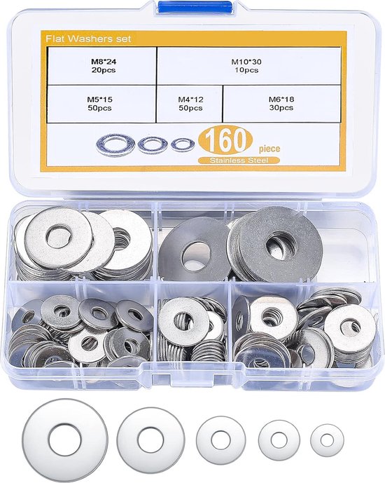 M4 Set sluitringen, 50 stuks, grote sluitringen, M4 x 25, 304 roestvrij staal, platte sluitringen, carrosserieschijven, borgringen voor schroeven, moeren, draadstang, platte sluitringen
