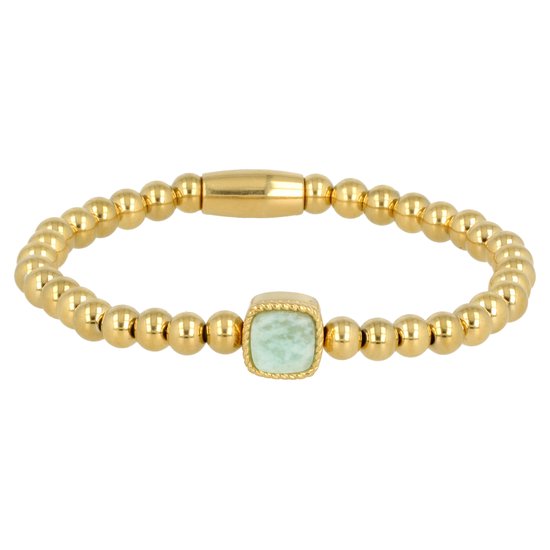 *Elastische damesarmband goudkleurig Amazonite edelsteen - Armband - goudkleurig - met Amazonite edelstenen bedel - Met luxe cadeauverpakking