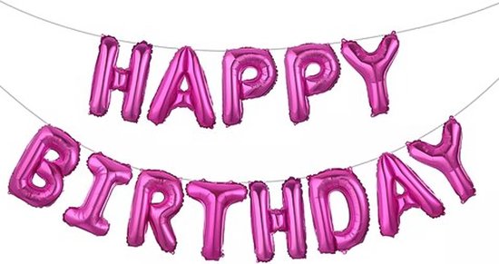 Roze 'Happy Birthday' folieballonnen aan een koord.