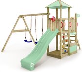 WICKEY speeltoestel klimtoestel Smart Savana met schommel & pastelgroene glijbaan, outdoor kinderspeeltoestel met zandbak, ladder & speelaccessoires voor in de tuin