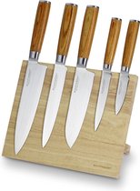 Couteaux damas, set de 6 pièces, set de couteaux de cuisine, couteaux de chef, couteau Santoku, couteau à filet, couteau universel, couteau d'office, affûtage lisse, manche en bois pakka, bloc à couteaux magnétique en bois incl.