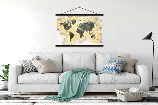 Affiche scolaire - Carte du Wereldkaart - Or - Journal - 150x100 cm - Lattes noires