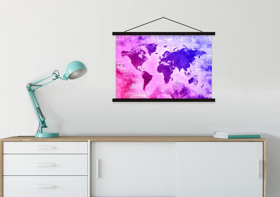 Affiche scolaire - Wereldkaart - Rose - Blauw - 90x60 cm