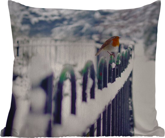 Coussins d'extérieur - Jardin - Rouge-gorge sur clôture enneigée - 45x45 cm