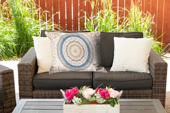 Coussins d'extérieur - Mandala - Blauw - Bohème - Wit - Design - 60x40 cm - Résistant aux intempéries